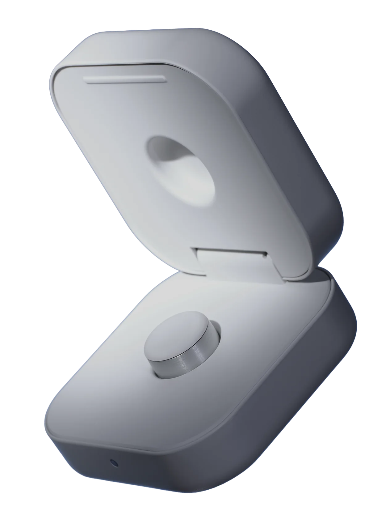 The Atlas charging case, open, against a mountain ridge