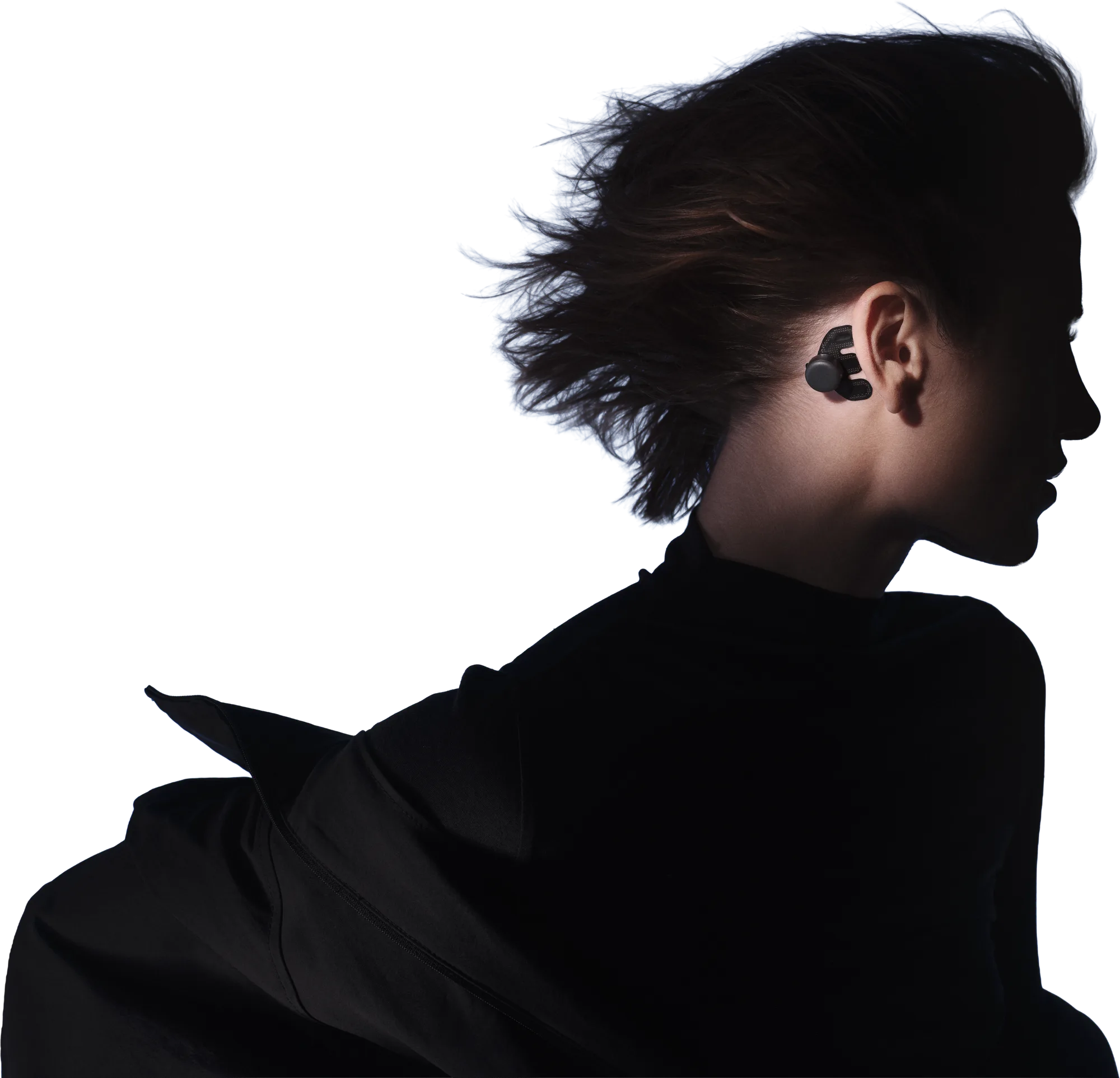 A person wearing the Atlas 1.0, hair caught by the wind