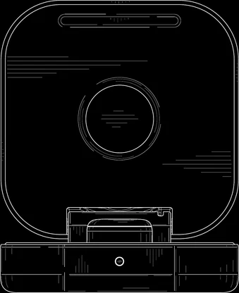 Line drawing of the charging case open, facing forward
