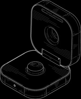 Line drawing of the open charging case, device inside